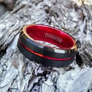 Thin Red Line Ring | Firefighter Gift | Men&#39;s Tungsten Wedding Band Size 5-15 6mm 8mm | Black Tungsten Band | Personalized Engraving Custom