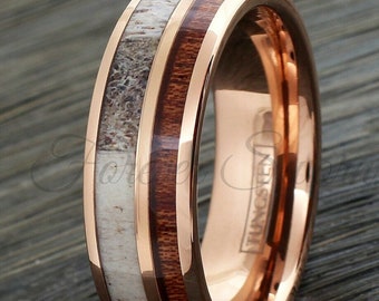 Antler Ring | Men's Women's Rose Gold Tungsten Wedding Band Wood | 6mm 8mm Rustic Band | Comfort Fit | Personalized Engraving | Men's Gift