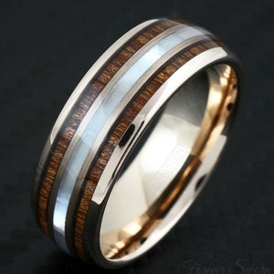 Rose Gold Mother of Pearl Wood Tungsten Ring | Men&#39;s Women&#39;s Wedding Band | 6mm 8mm Band | Comfort Fit | 30th Anniversary Personalized Gift