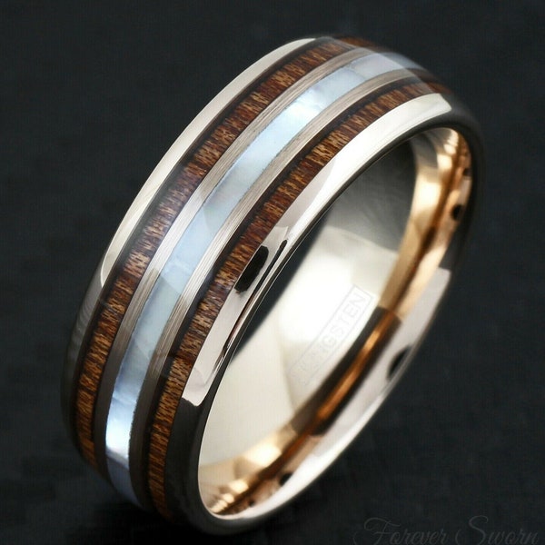 Rose Gold Mother of Pearl Wood Tungsten Ring | Men's Women's Wedding Band | 6mm 8mm Band | Comfort Fit | 30th Anniversary Personalized Gift