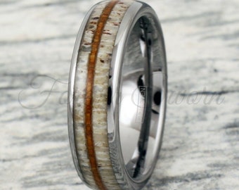 Engraved Rustic Deer Antler Ring | Men's Women's Wedding Band Koa Wood | 6mm 8mm 5-13 Silver Tungsten Band | Personalized Engraving