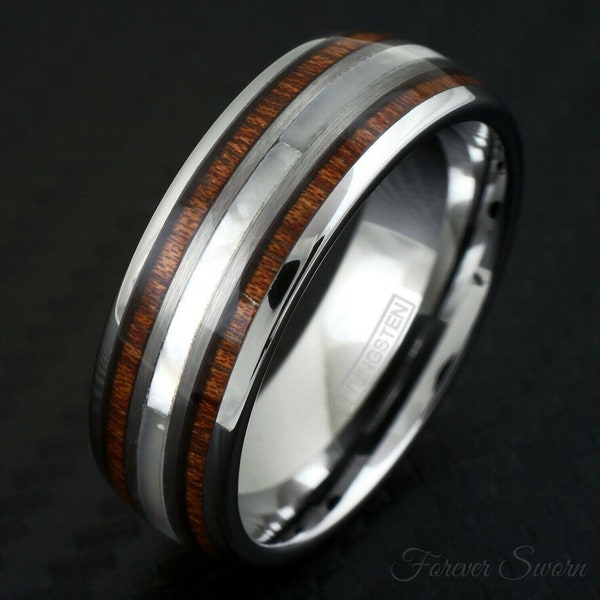 Mother of Pearl Koa Wood Silver Tungsten Ring | Men's Women's Wedding Band | 8mm Band | Comfort Fit | Hawaiian Personalized Engraving Gift