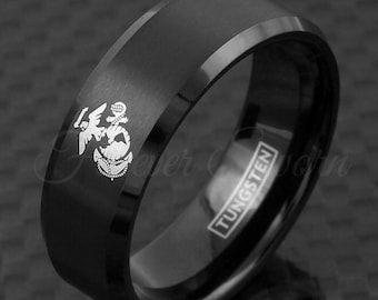 Custom Jewelry 8mm Black Tungsten Ring with USMC Marine Eagle Globe Anchor on Stone Finish Full & Half Sizes 5-15 Custom Jewelry 8mm Black Tungsten Ring with USMC Marine Eagle Globe Anchor on Stone Finish Full & Half Sizes 5-15