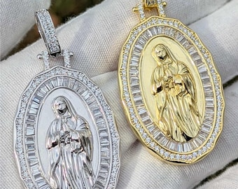Our Lady of Guadalupe Pendant, Large Men's Necklace, 18k Gold, 925 Sterling Silver Rope Chain, Virgin Mary, Mexico Catholic Gift