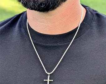Men's 925 Sterling Silver Cross Necklace - Custom Engraved - Minimalist - 925 Sterling Silver Rope Chain - Stainless - Baptism Gift for Men