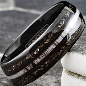 Deer Antler Meteorite Black Tungsten Ring | Outdoors Men&#39;s Wedding Band | Antler Rustic Engraved Gift | Hunting