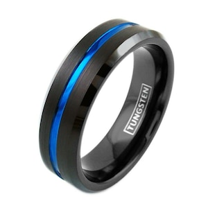 Thin Blue Line Ring 7mm | Police Tungsten Men&#39;s Women&#39;s Wedding Size 7-13 | Black Tungsten Band | Personalized Engraving