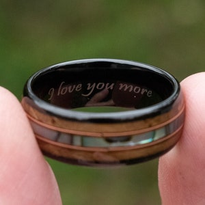 Whisky Barrel Abalone Shell Guitar String Tungsten Ring | Men's Black Wedding Band | 8mm Size 8-15 | Whiskey Music Personalized Engrave Gift
