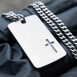 Titanium Cross Dog Tag Pendant - Mens Handmade Necklace - Titanium Curb Chain - Christian Baptism Salvation Gift for Him - Laser Engraving
