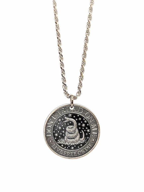 Silver Don't Tread on Me Coin Pendant Necklace - Mens Handmade Silver Necklace - Titanium Curb Chain - Challenge Coin Military Gift