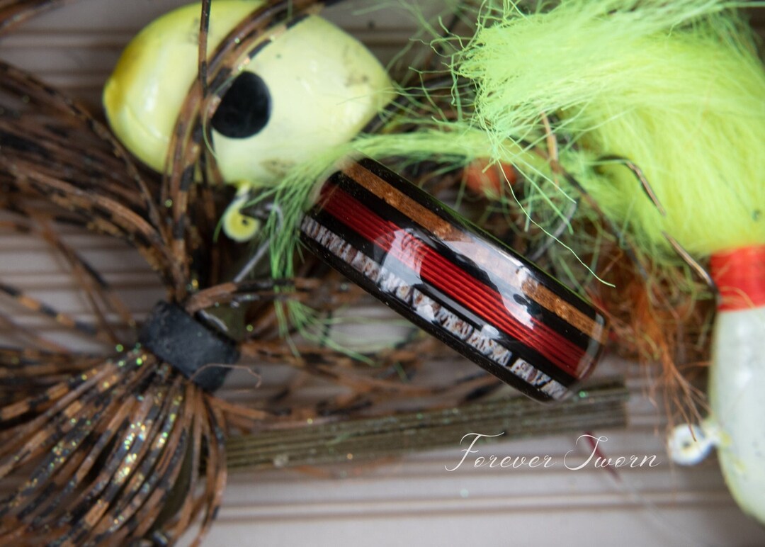 Whisky Barrel Deer Antler Fishing Line Tungsten Ring Outdoors Men's Wedding Band Red Line