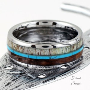 8mm Black Tungsten Ring – Men's Deer Antler, Turquoise & Koa Wood Inlay