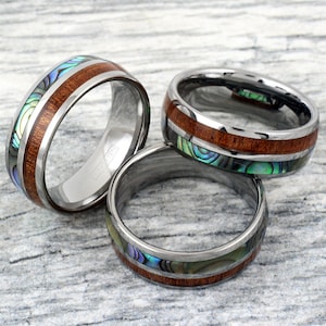 Wood Abalone Ring | Men&#39;s Tungsten Wedding Band  |  8mm Polished Silver Band | Comfort Fit | Personalized Engraving | Hawaiian Koa Abalone