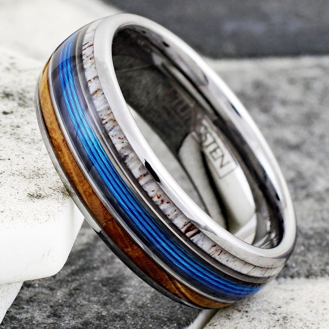 Whisky Barrel Deer Antler Fishing Line Silver Tungsten Ring Outdoors Men's Wedding Band Whiskey