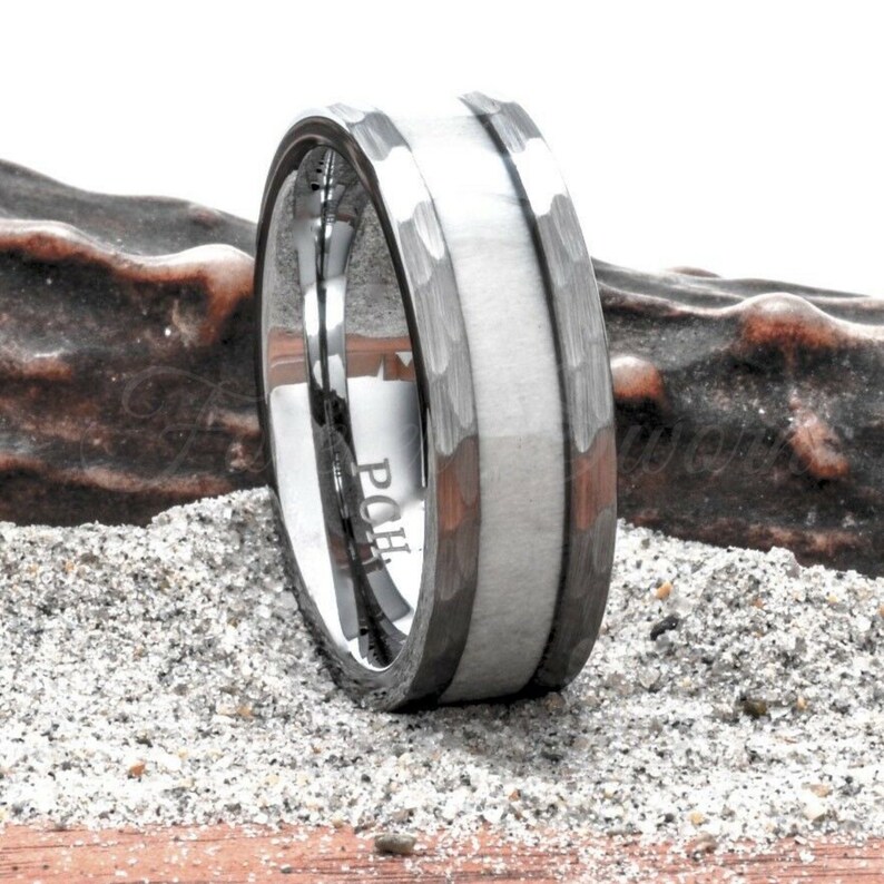 White Deer Antler Jewelry Hunter Hunting Gift Hammered Tungsten Men/'s Women/'s Wedding Ring Deer Antler Ring 8mm Silver Band