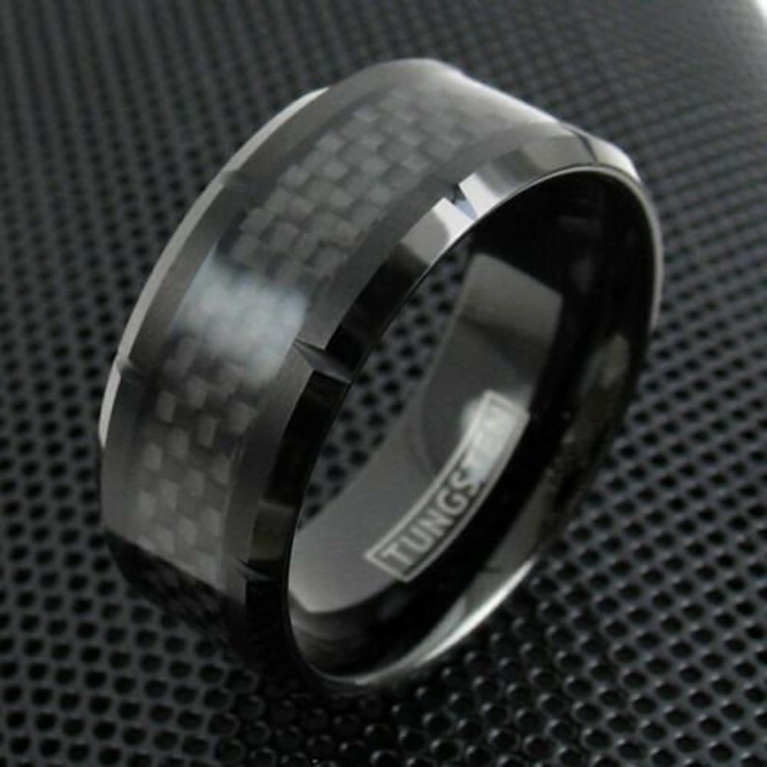 10mm Wide Carbon Fiber Tungsten Ring Men's Black Wedding Etsy