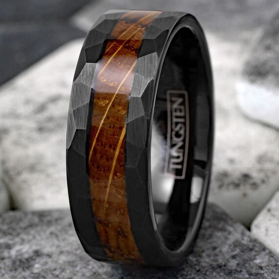 Charred Whisky Barrel Faceted Black Tungsten Ring Men's Black Wedding Band  8mm Size 9-13 Whiskey Rustic Personalized Engraved Gift 