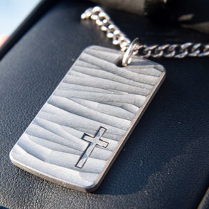 Engraved Titanium Rugged Cross Dog Tag Pendant - Mens Handmade Necklace - Anodized - Titanium Curb Chain - Christian Baptism Salvation Gift
