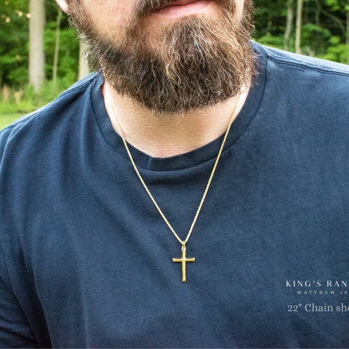 Men's 18k Gold Cross Necklace Custom Engraved Minimalist 18k