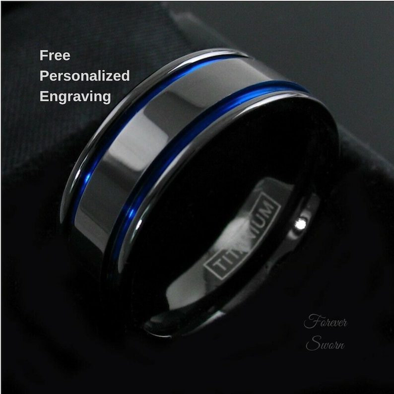 Thin Blue Line Ring Men's Women's Titanium Black Etsy