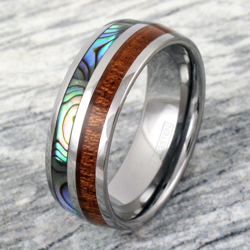 thumbnail interactive-video image 1 of Tungsten Rings For Men Wedding Bands For Him Womens Wedding Bands For Her 6mm Real Wood Abalone Shell With Opal 1 of 10