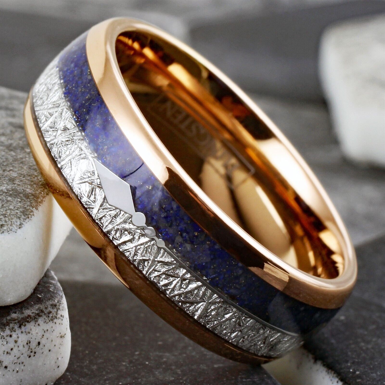 Tungsten Carbide Wedding Band With Lapis Lazuli & Meteorite Inlay - Rose Gold/Black/Polished, 6mm Or 8mm - View #2