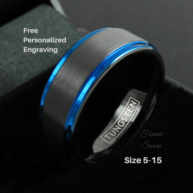 Comfort Fit Black Band Thin Blue Line Ring Men/'s Women/'s Tungsten Wedding Band Size 5-15 6mm 8mm Personalized Engraving Police Gift