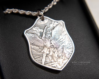 St. Michael Shield Pendant - Solid Silver Necklace - Sterling Silver Diamond Cut Rope Chain - Christian Baptism Salvation Gift - Protection