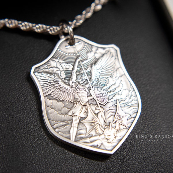 St. Michael Shield Pendant - Solid Silver Necklace - Sterling Silver Diamond Cut Rope Chain - Christian Baptism Salvation Gift - Protection