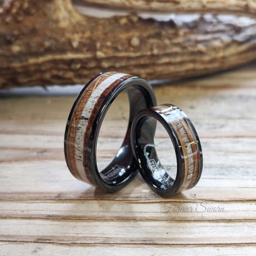 Whisky Barrel Deer Antler Ring Inlay Black Ceramic Wedding - Etsy