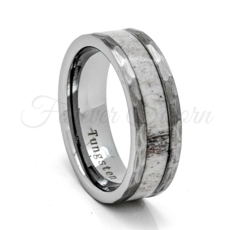 White Deer Antler Jewelry Hunter Hunting Gift Hammered Tungsten Men/'s Women/'s Wedding Ring Deer Antler Ring 8mm Silver Band