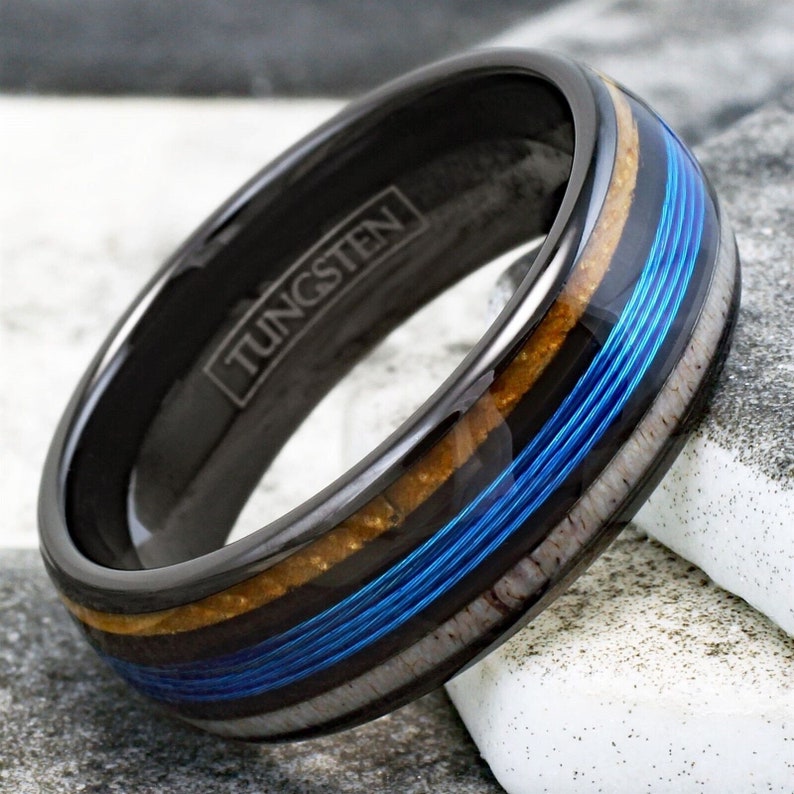 Whisky Barrel Deer Antler Fishing Line Tungsten Ring Etsy