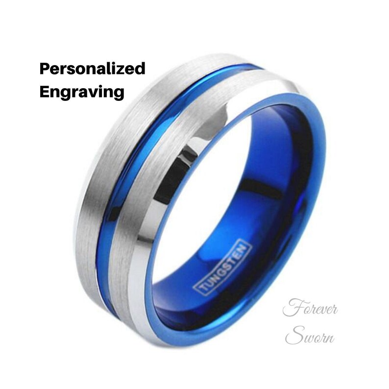 Engraved Police EMS Thin Line Ring Men's Tungsten Etsy