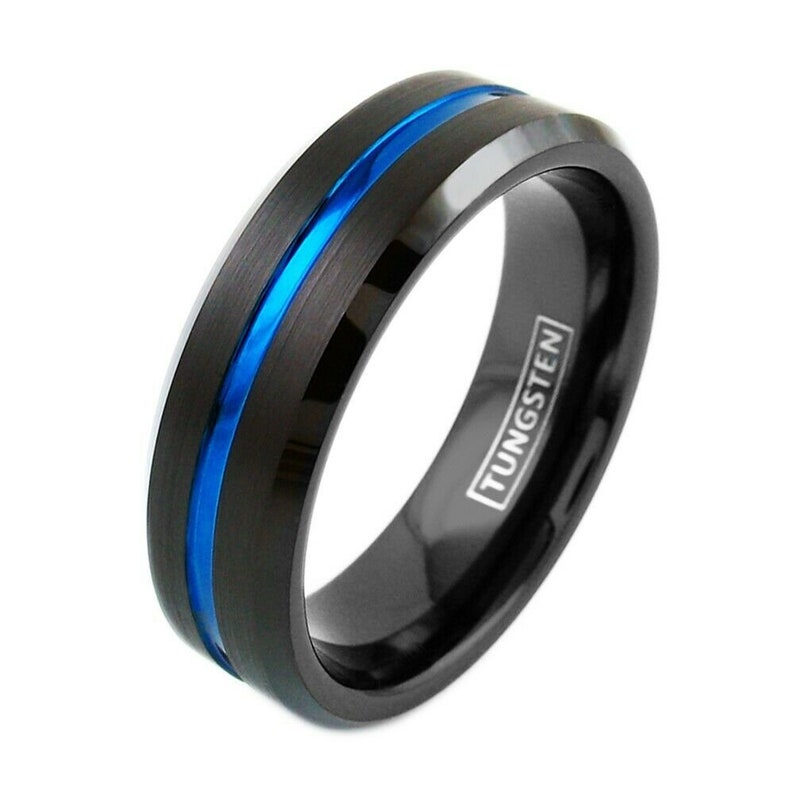 Thin Blue Line Ring 7mm | Police shops Tungsten Men's Women's Wedding Size 7-13 | Black Tungsten Band | Personalized Engraving