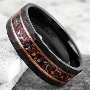 Black Faceted Tungsten Band | Faux Dinosaur Bone Meteorite Ring | Rose Gold Stripe | Unique Men&#39;s Wedding Band | Engraved Gift | Dino