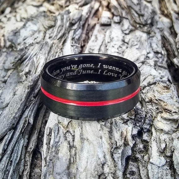 Engraved Firefighter Thin Red Line Ring Men's Wedding Size 9-13 Black  Tungsten Band Personalized Fireman First Responder Gift 