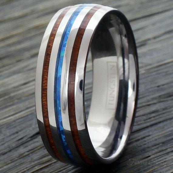 Blue Opal Koa Wood Silver Tungsten Ring | Men's Women's Wedding Band | 6mm 8mm Size 5-13 Comfort Fit | Hawaiian Personalized Engraving Gift