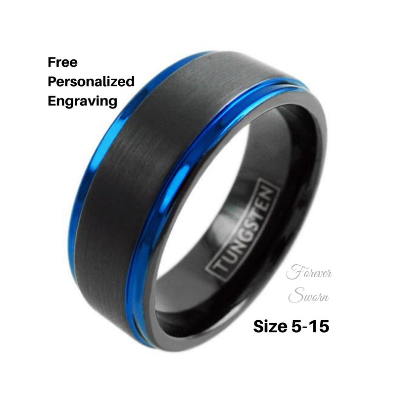 Comfort Fit Black Band Thin Blue Line Ring Men/'s Women/'s Tungsten Wedding Band Size 5-15 6mm 8mm Personalized Engraving Police Gift