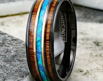 8mm Men' Black Tungsten Carbide Hawaiian Green Opal Wedding Band Ring