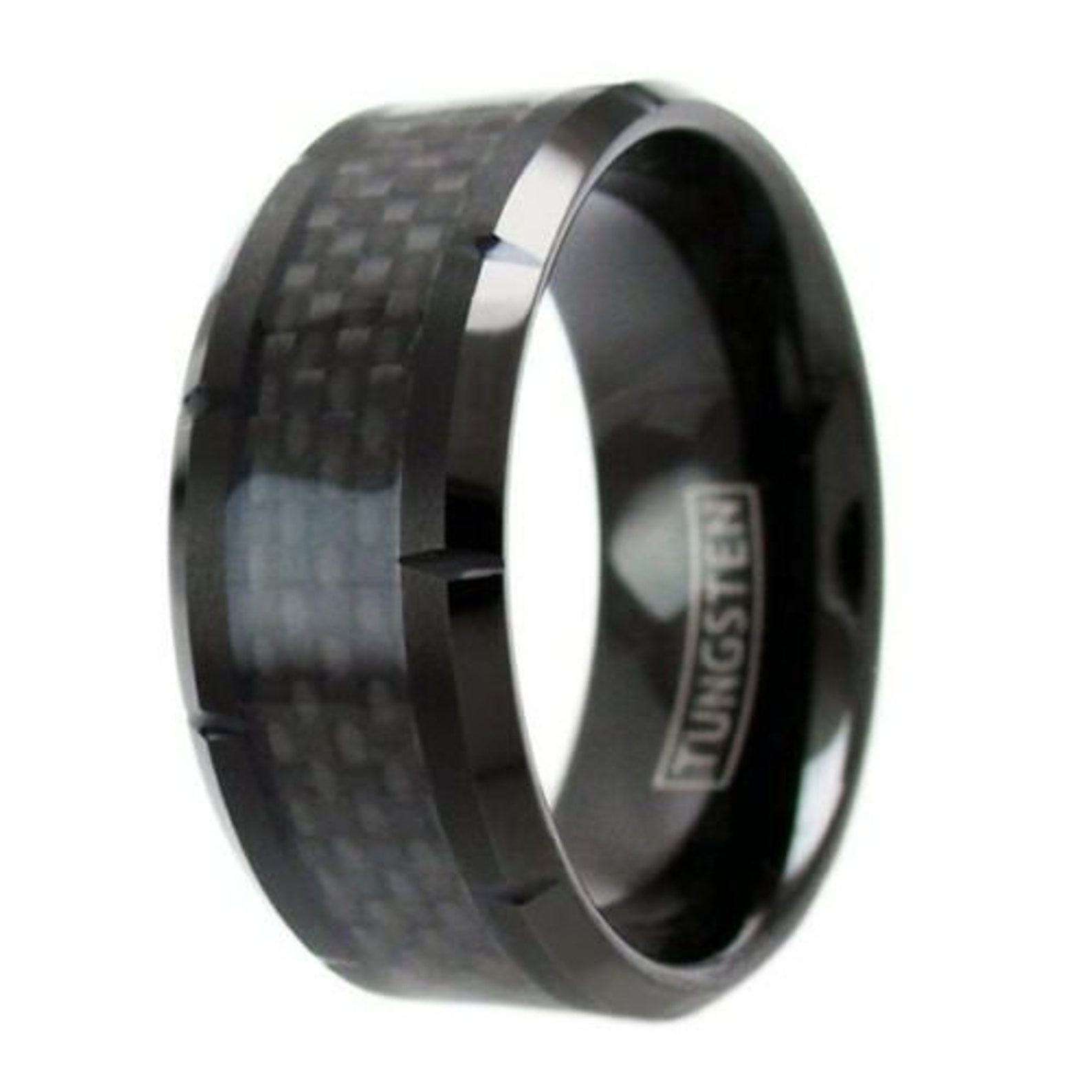 10mm Wide Carbon Fiber Tungsten Ring Men's Black Wedding Etsy