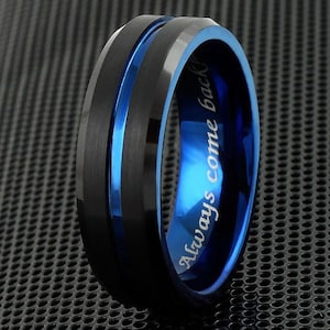 Thin Blue Line Ring | Men&#39;s Tungsten Wedding Size 5-17 6mm 8mm | Black Women&#39;s Band | Police Personalized Engraved Gift | Law Enforcement