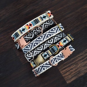 Narrow dog collar for small dogs/puppies with patterned ethnic webbing & metal buckle in bronze/silver/gold/rose gold, adjustable