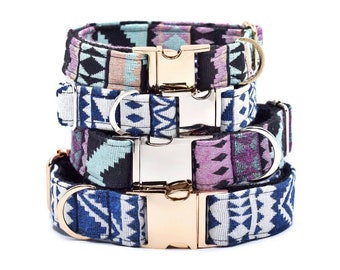 Dog collar "Tayra" with a metal buckle, colourful cotton fabric in black/teal/orange/purple or dark blue/white for small dogs or puppies