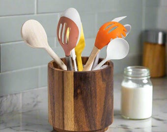 Acacia Wood Rotating Lazy Susan Utensil Holder