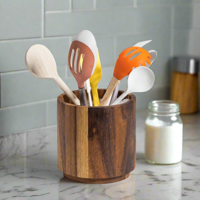 Acacia Wood Rotating Lazy Susan Utensil Holder