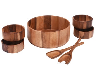 Acacia Wood 7-Piece Salad Bowl Set – Large Serving Bowl, Servers & 4 Individual Bowls