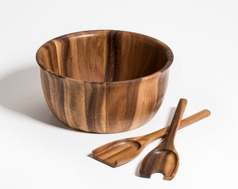 Acacia Wood Salad Bowl Set – Large Serving Bowl with Servers