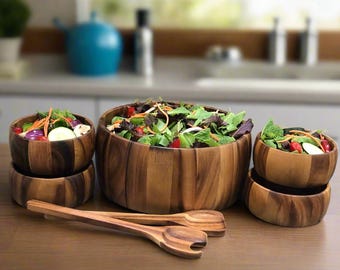 Acacia Wood 7-Piece Salad Bowl Set – Large Serving Bowl, Servers & 4 Individual Bowls