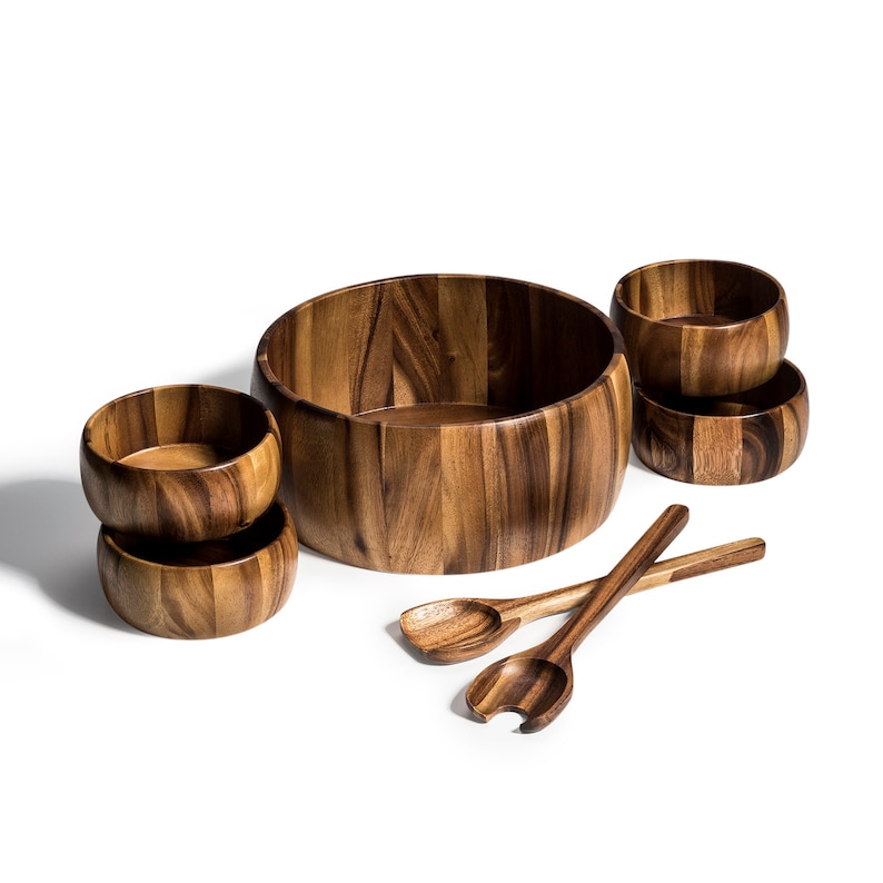 Image of Handcrafted Wood Salad Bowl with Servers and Individual Bowls - 7 Piece Set