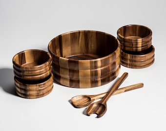 Acacia Wood 7-Piece Salad Bowl Set – Large Serving Bowl, Servers & 4 Individual Bowls